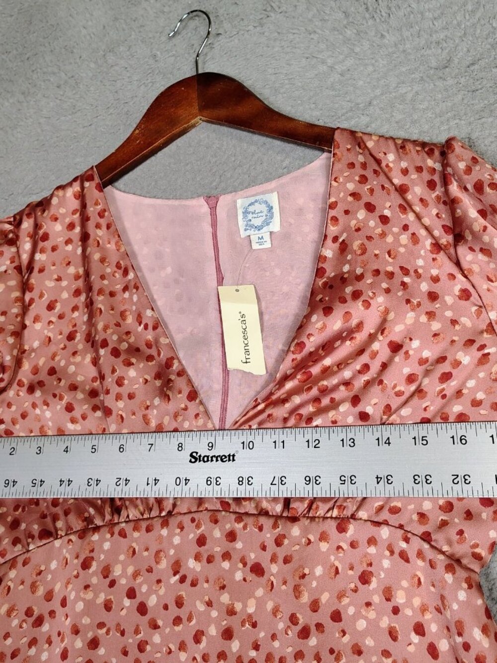 Francesca’s Blue Rain Mini Dress Women M Pink Dotted Print Satin Puff Sleeve NWT - Picture 8 of 11